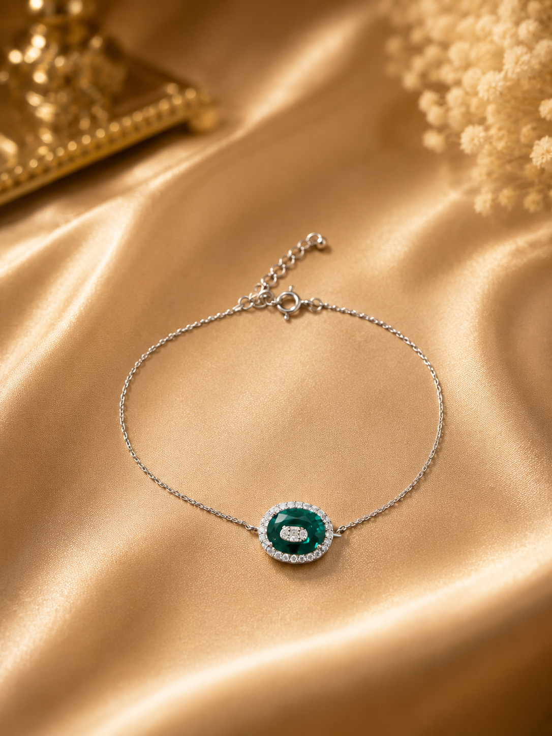 Silver emerald green halo bracelet