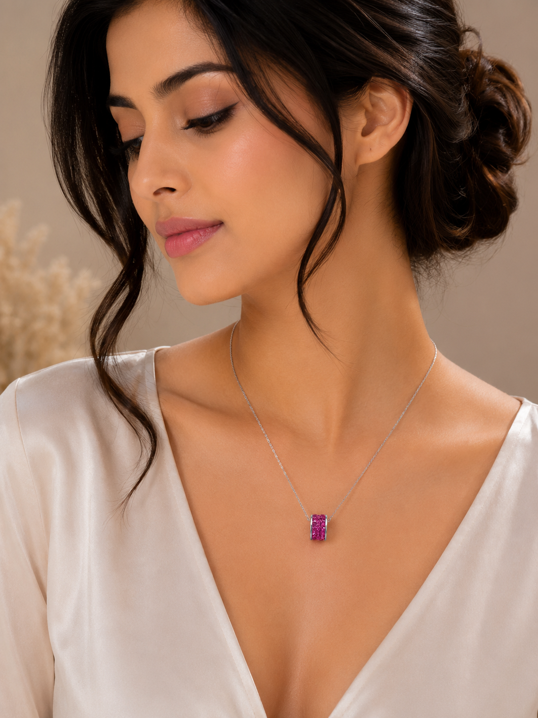 Pink crystal barrel pendant necklace