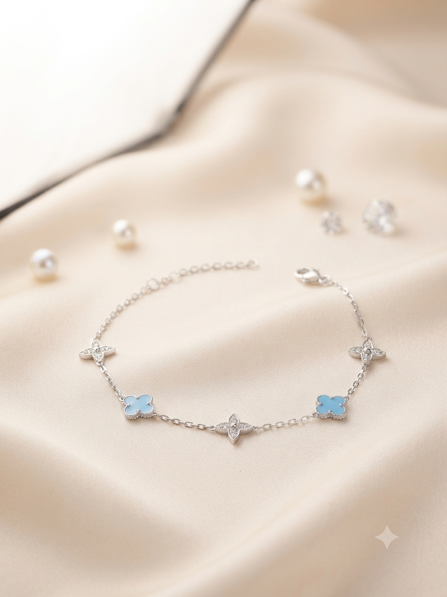 Silver blue clover charm bracelet