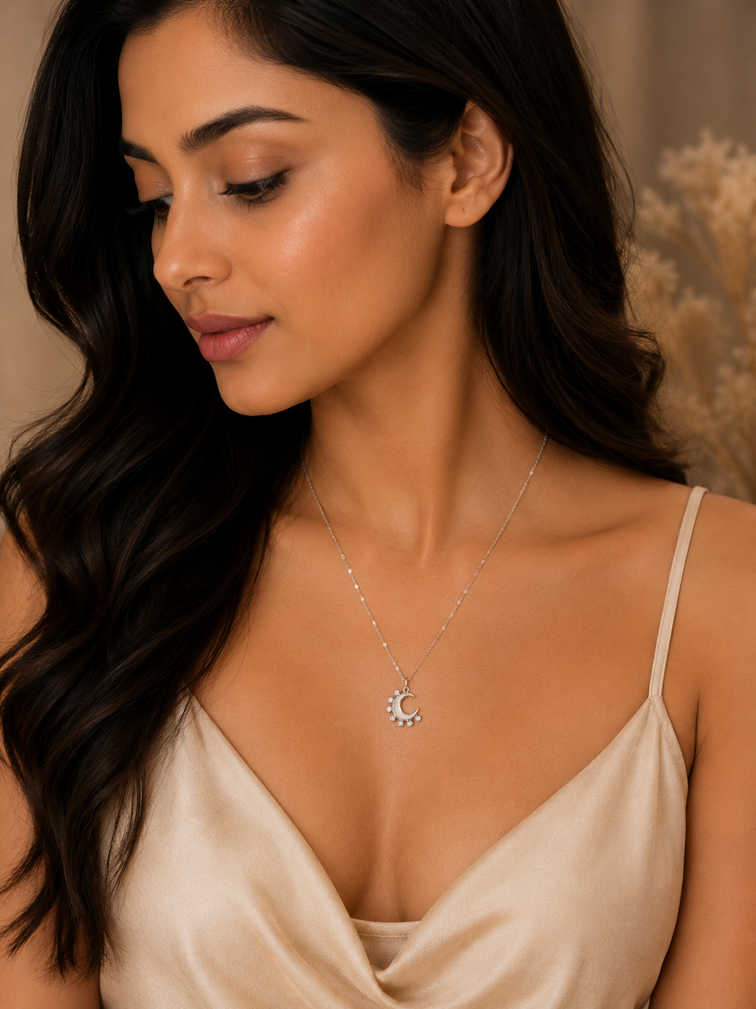 Crescent moon crystal charm pendant necklace