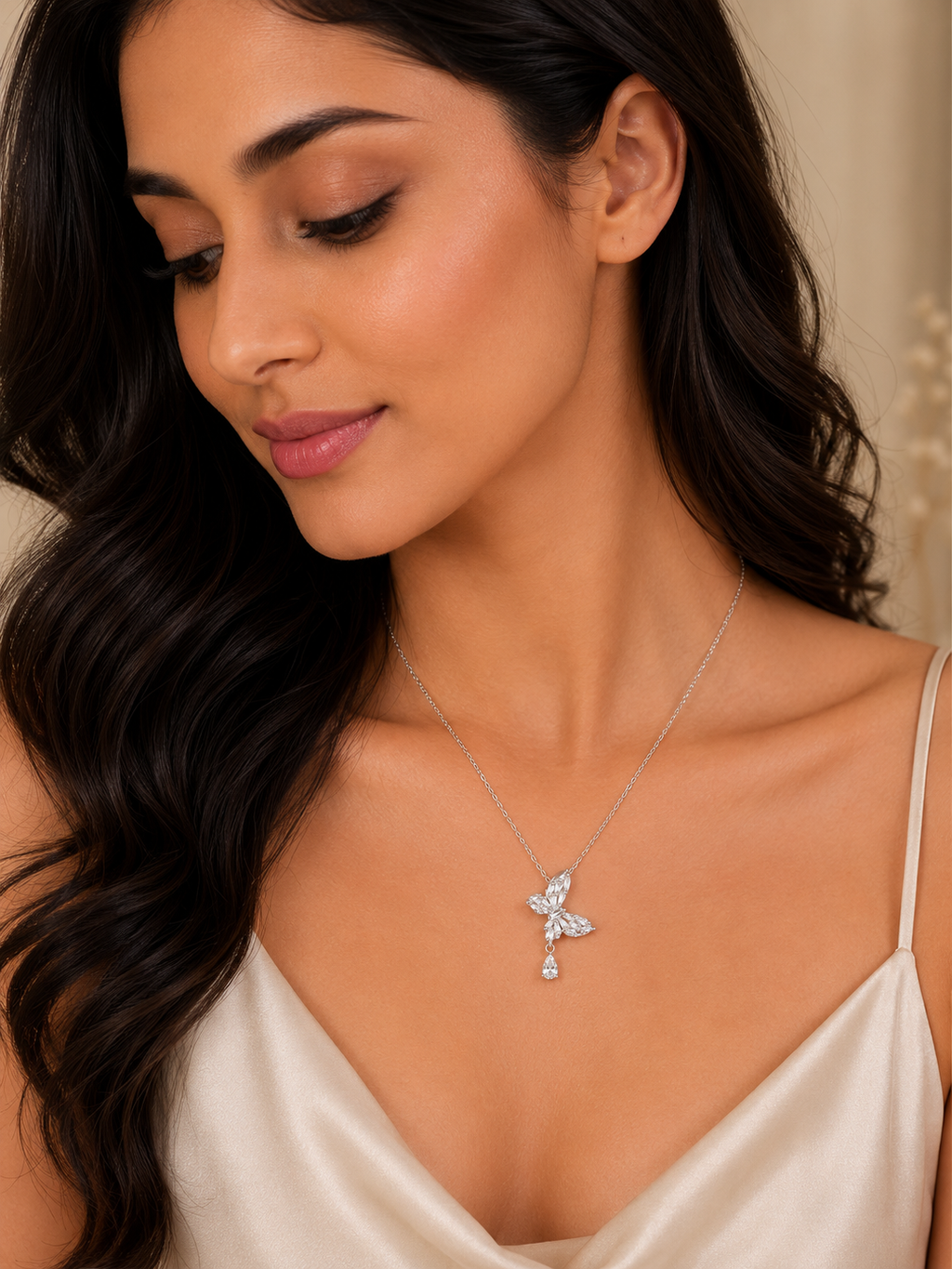 Crystal butterfly teardrop pendant necklace