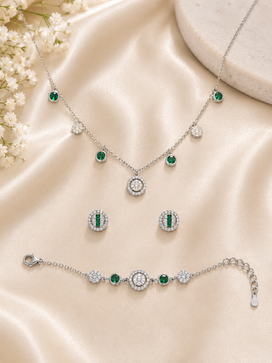 Luxury silver halo crystal necklace bracelet, and stud earrings set