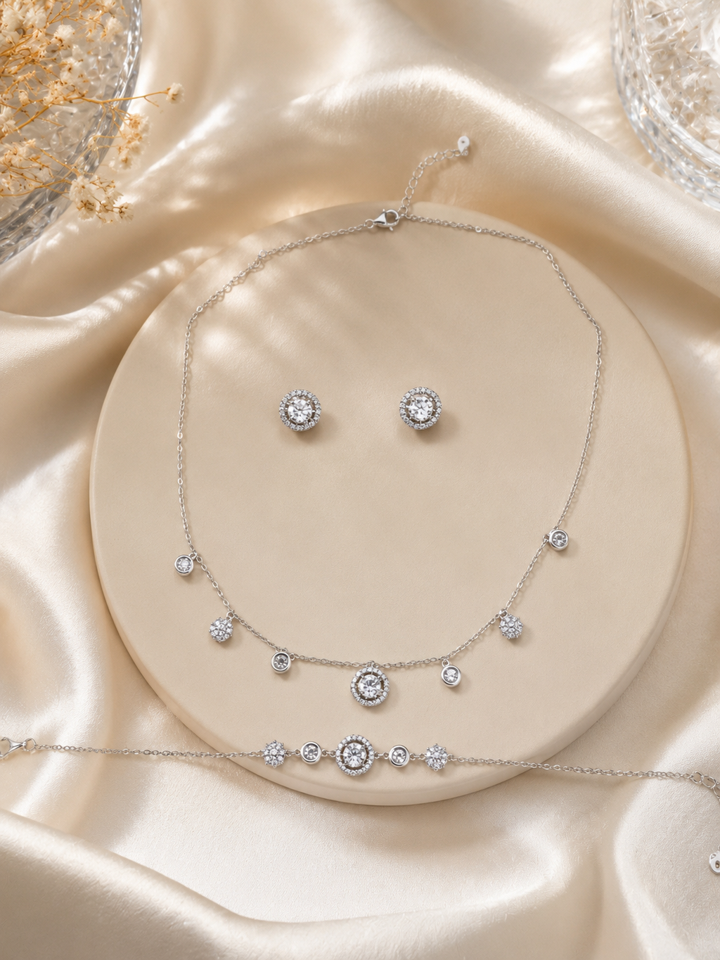 Silver Halo crystal necklace bracelet, and stirred earrings set