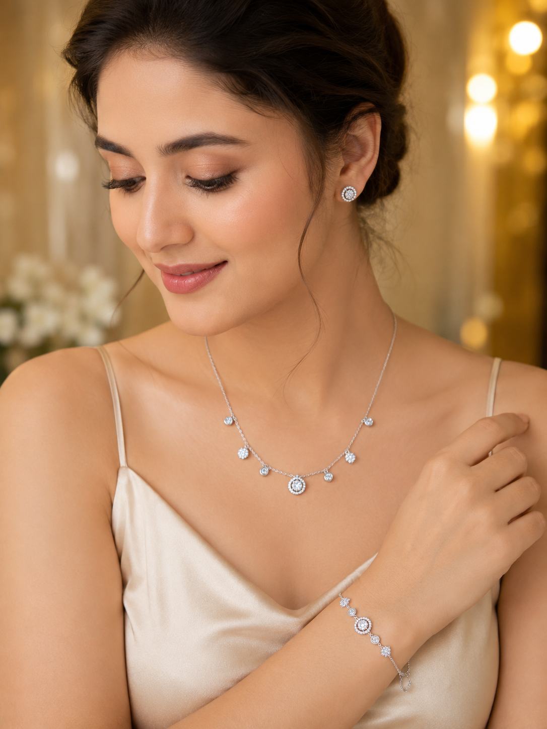 Silver Halo crystal necklace bracelet, and stirred earrings set