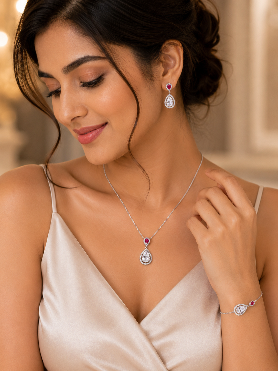 Ruby, red teardrop crystal jewel set
